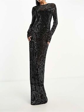 Black Sequined Long-Sleeve Maxi Dress
